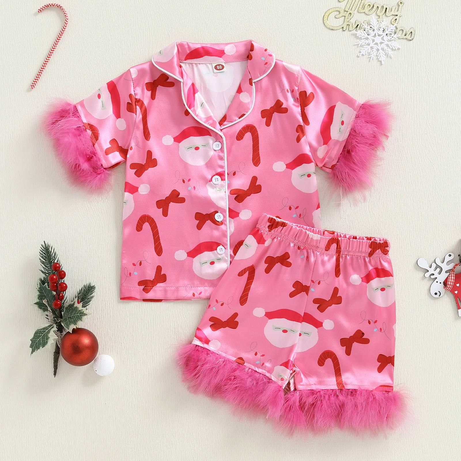 

Kids Girls Christmas Pajama Sets Short Sleeve Lapel Button Up Santa Claus Print Shirt Shorts Satin Two Pieces Sleepwear
