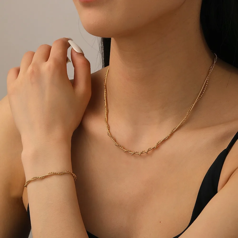 Temperament Gold Color Stainless Steel Round Snake Chain Bead Chain Double-layer Bracelet for Women Fashion Commuting Jewelry