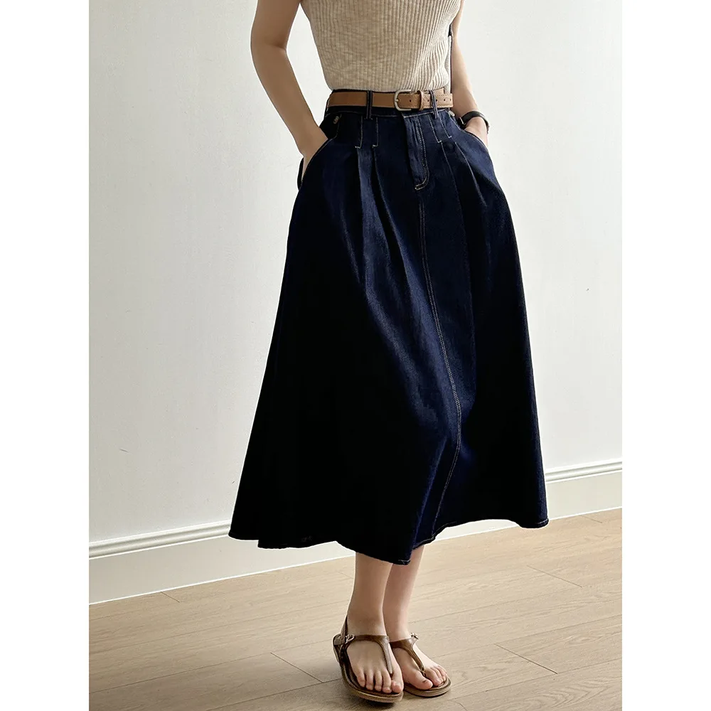 Dameskleding Denim Rok Vintage Hoge Taille 2024 Zomer Afslankende Lange A-Line Nieuwe Modieuze Vrouwen Casual Rok Met Riem