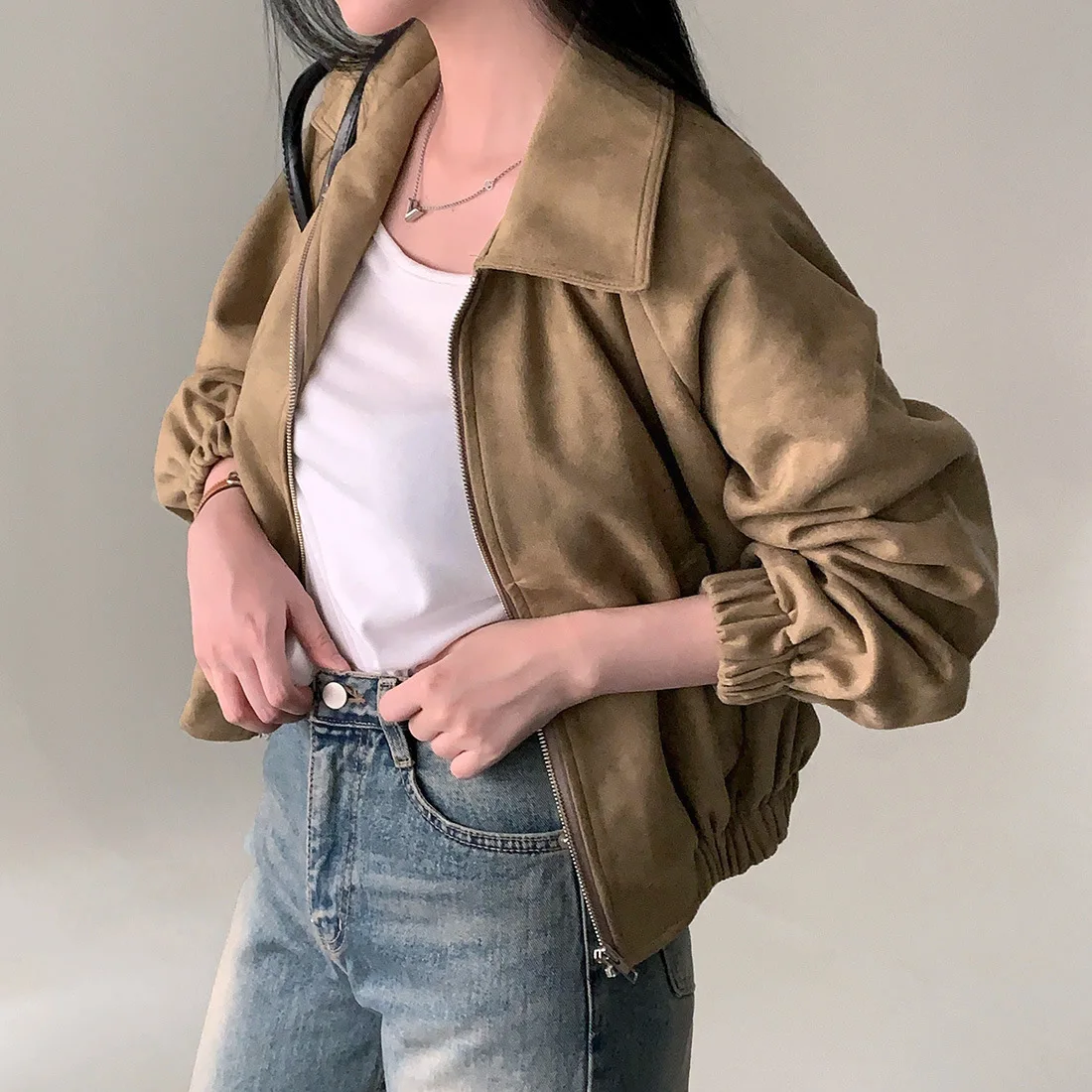 Women Pocket Retro Lapel Zippered Top Chic Autumn Vintage Fleece Jacket Loose Fit Versatile Long Sleeve Cropped Jacket 2025