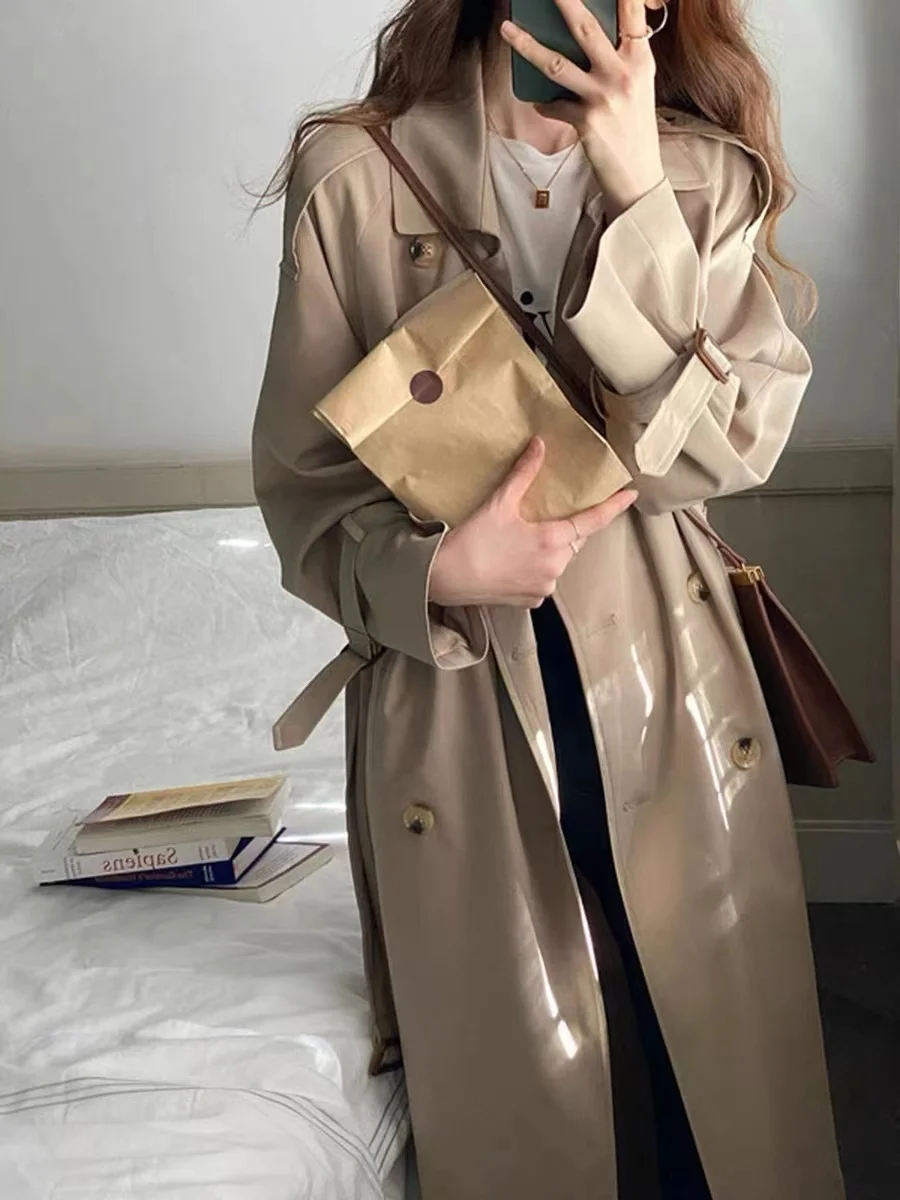 

Женское пальто средней длины цвета хаки, новая модель в корейском стиле, весна-осень, с длинными рукавами, воротником-стойкой