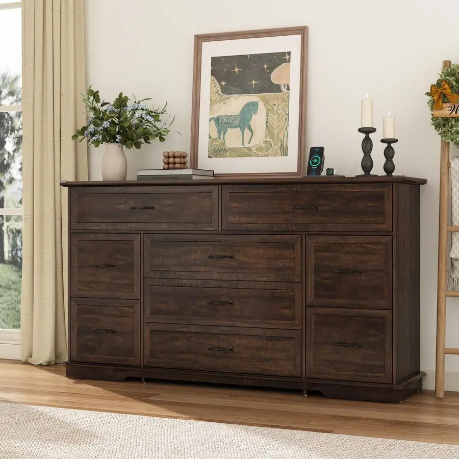 Commode à 9 tiroirs pour chambre à coucher, commode en bois 63 avec prises de courant, grandes commodes larges pour chambre à coucher, hauteur S