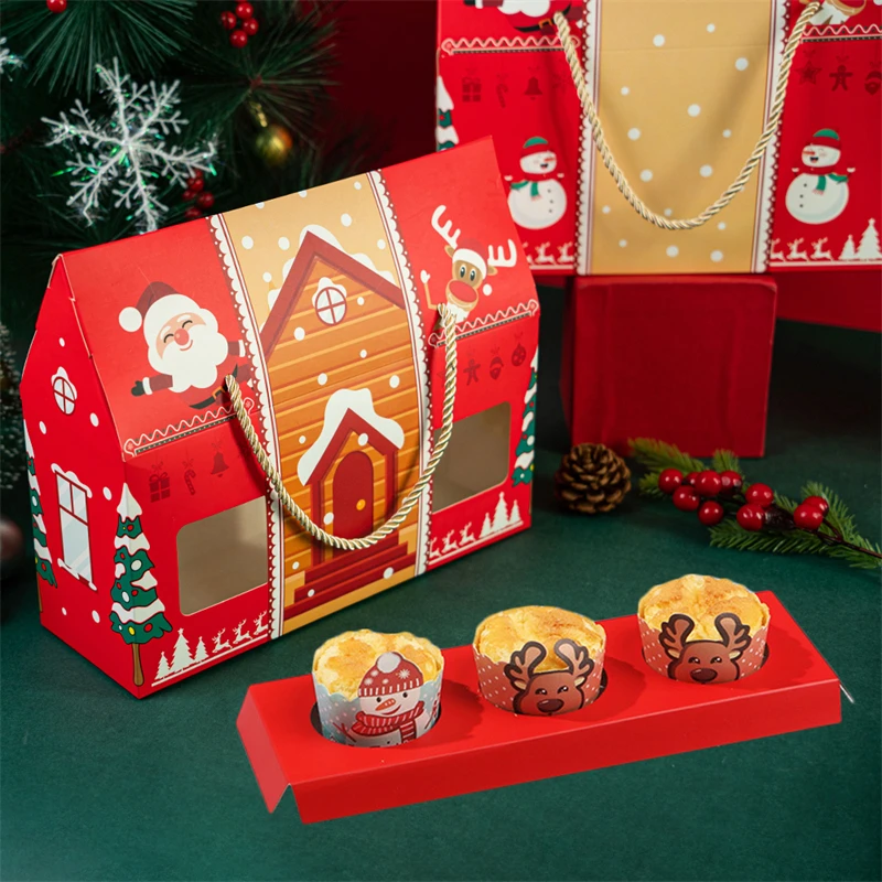 LBSISI Life 4Pcs Christmas House รูปร่างของขวัญกล่องสำหรับทำด้วยมือ Handmade Nougat Candy บรรจุภัณฑ์ขนมขบเคี้ยวคริสต์มาสปีใหม่ Party Favors พร้อมถาด