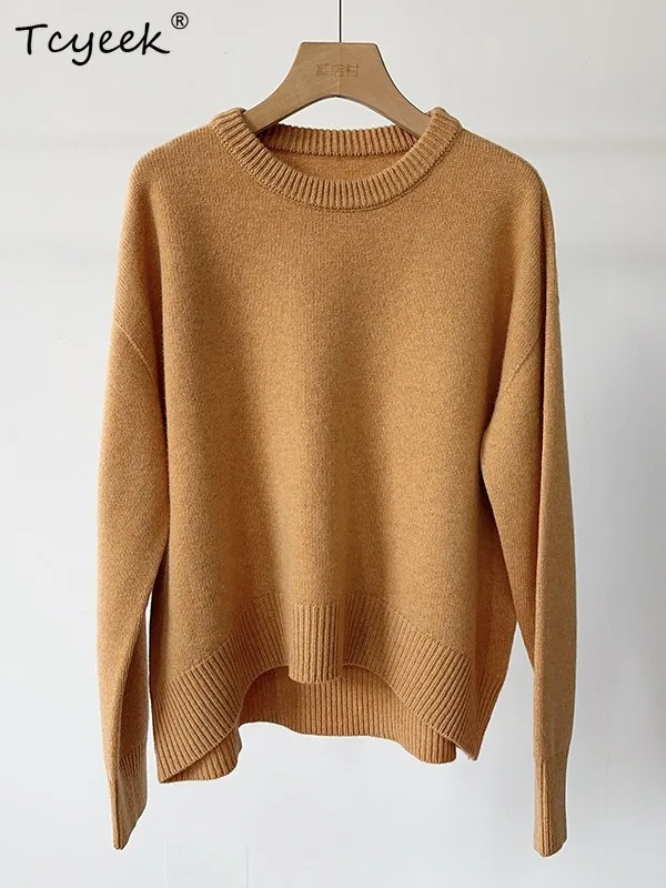 

Tcyeek, 100%Pure Wool Elegant Sweater, Women Long Sleeve ONeck, Casual OL Basics Loose Knit Tops, 2024 Autumn New T46534QM