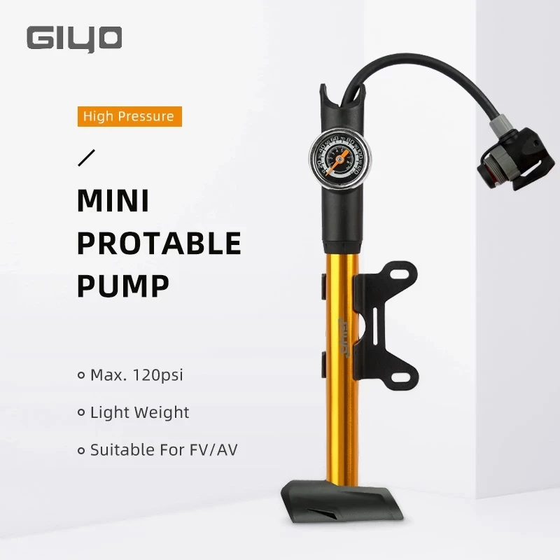 Giyo 120psi Bicycle Pump Portable Mini Bike Hand Pump Hidden Hose Design Twin Head Tire Inflator with Gauge Bicycle Accessories