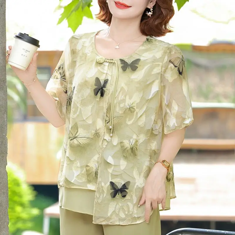 

Vintage Printed O-Neck Button Lace Up Chiffon Blouses Women's Clothing 2025 Summer New Loose All-match Tops Office Ladyl Shirts