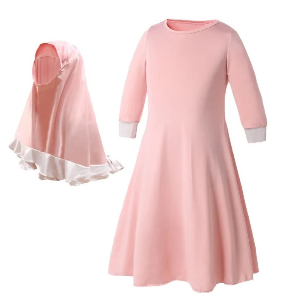 Vestido de oração muçulmana para crianças, hijab, abaya, conjuntos de ramadã, árabe, jilbab, lenço, manto longo, islâmico, meninas, 2 peças