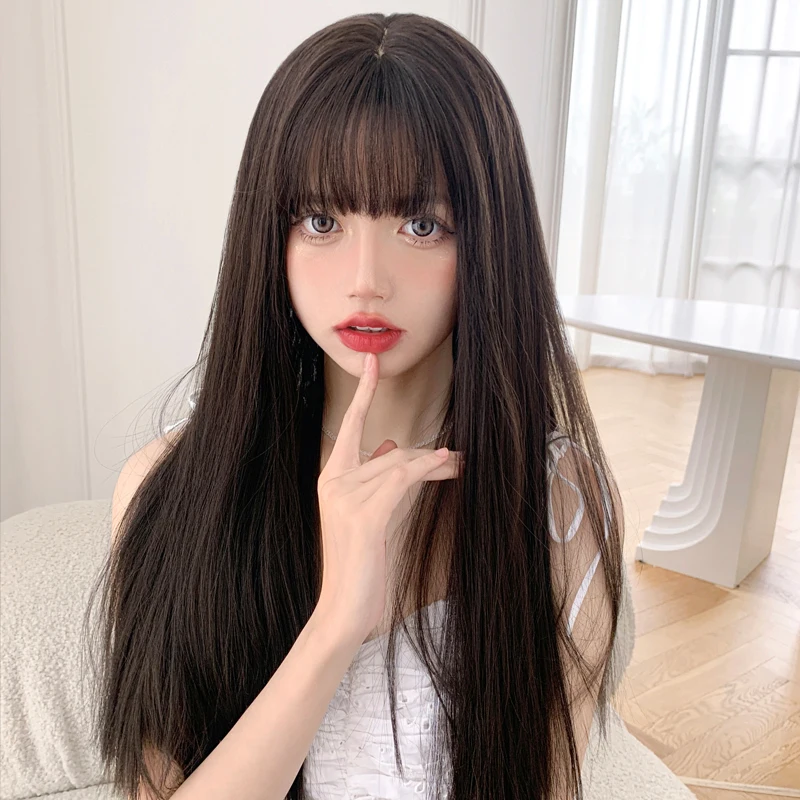 7JHH WIGS Synthetic Layered Dark Brown Wig for Women Daily Use High Density Long Straight Black Tea Hair Wigs with Neat Bangs