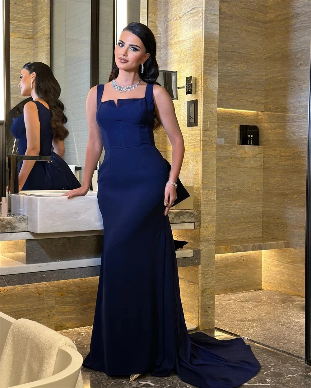 

Navy Blue Evening Dress Customized Square Neck Pleat Draped Mermaid Jersey Evening Gowns for Women 2025 Formal Party Dress