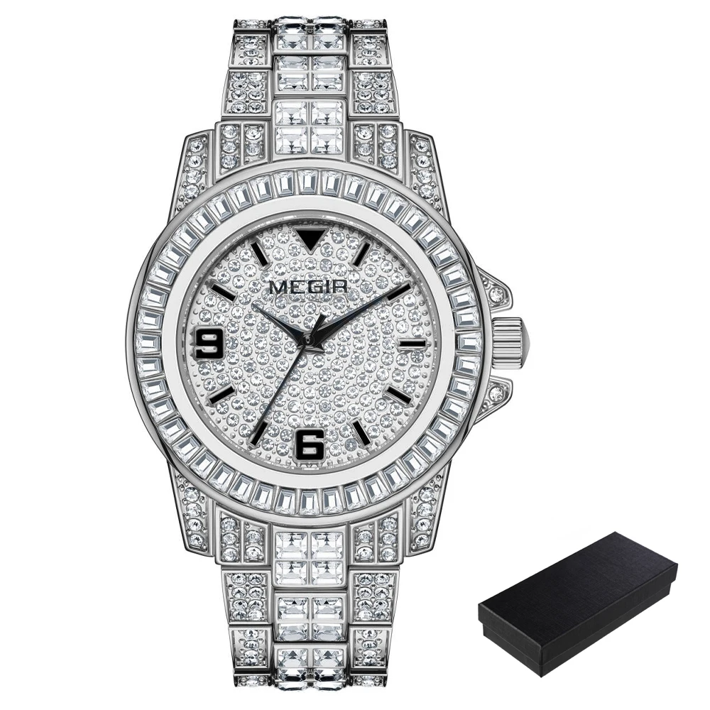 MEGIR Quartz Watch for Men Luxury Diamonds Golden Watch Man Waterproof Rhinestone Wrist Watch Business Men's Steel Band Watches