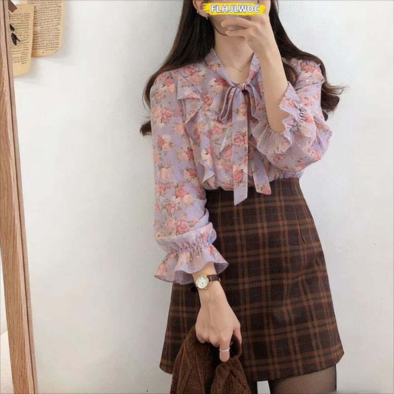 Hot Sale Vintage Flower Shirts Long Sleeve Button Cute Sweet Girls Bow Tie Women Korea Japan Style Ruffled Chic Pink Tops Blusas