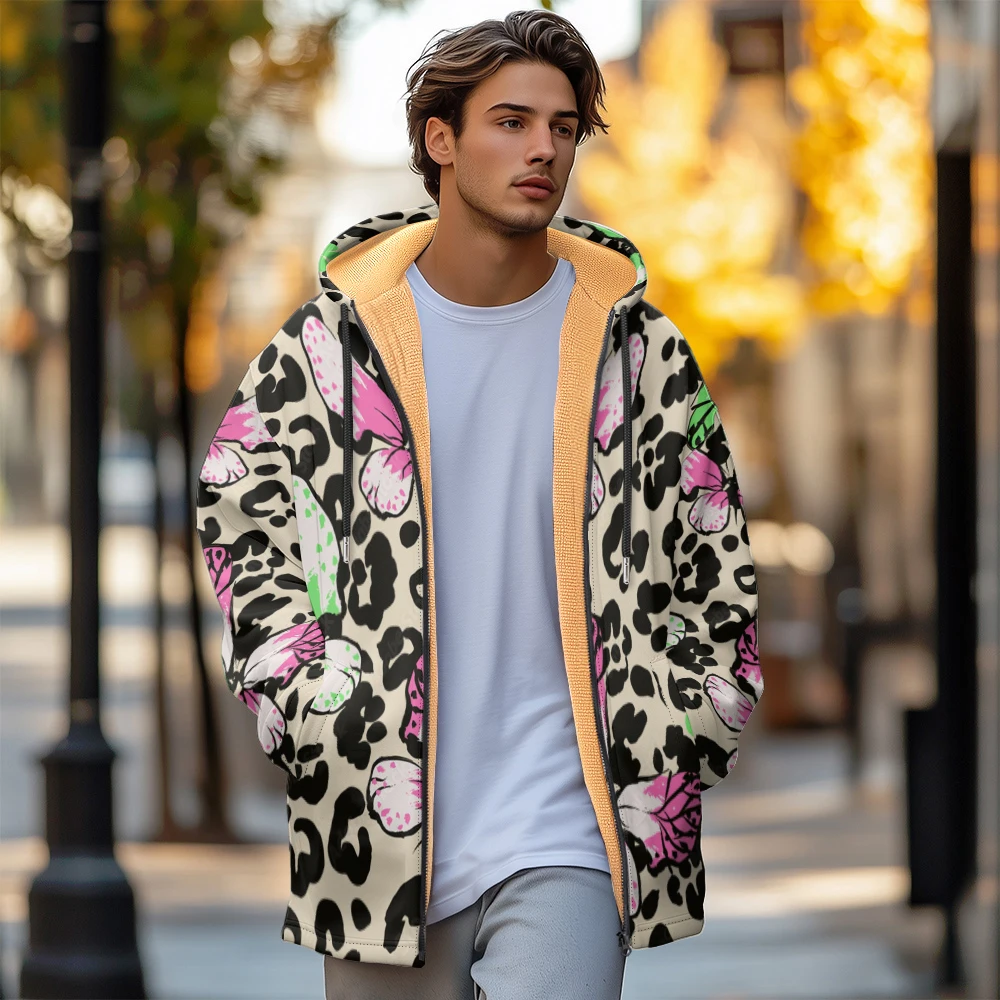 Ropa de invierno para hombre, novedad en abrigos de plumas, chaqueta acolchada de algodón con diseño de graffiti de mariposa rosa, cremallera con bolsillo de plumas