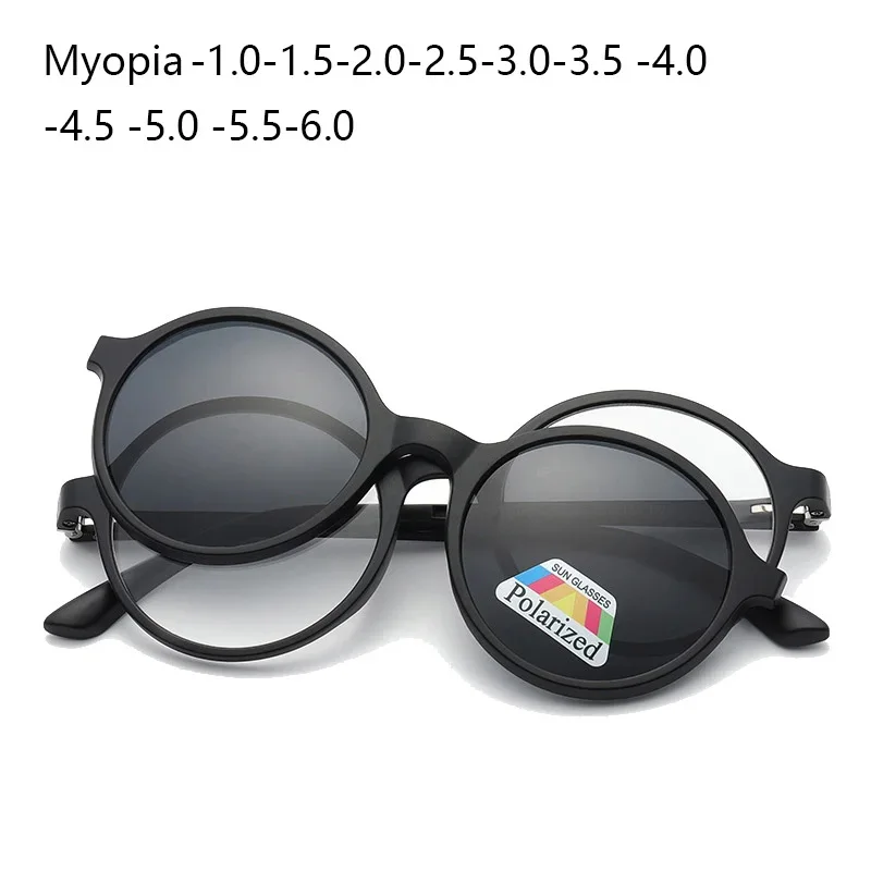 6 In 1 Round Myopia Sunglasses Women Polarized TR90 Optical Magnetic Clip Driving Prescription Custom Glasses -0.5 to -6.0