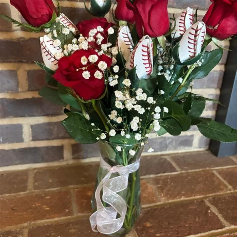 A94E-Rosa de Softbol deportiva, rosa de cuero hecha a mano, flores artificiales de Softbol, regalo para fanáticos de la mamá de Softbol, graduación en equipo