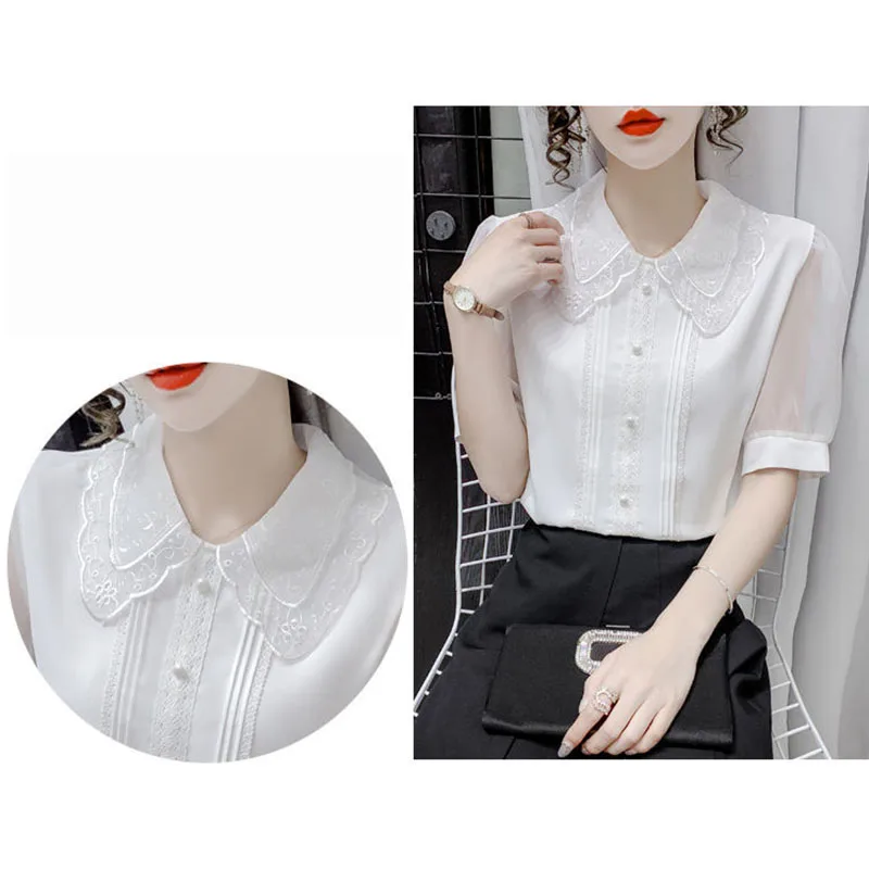 Fashion Women\'s Chiffon Shirt Summer Wild Short Sleeve Gauze Pullovers Elegant Women Slim White Urban Office Wear Blouses 2022