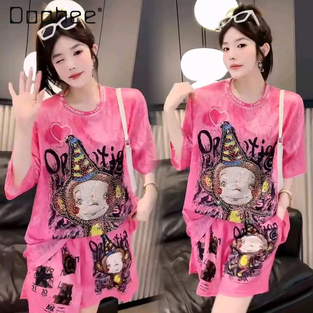 Fashion Brand Lace Short-Sleeved T-shirt Female 2024 Summer Cartoon Monkey Loose Top and Shorts Two Pieces Sets Women Outifits