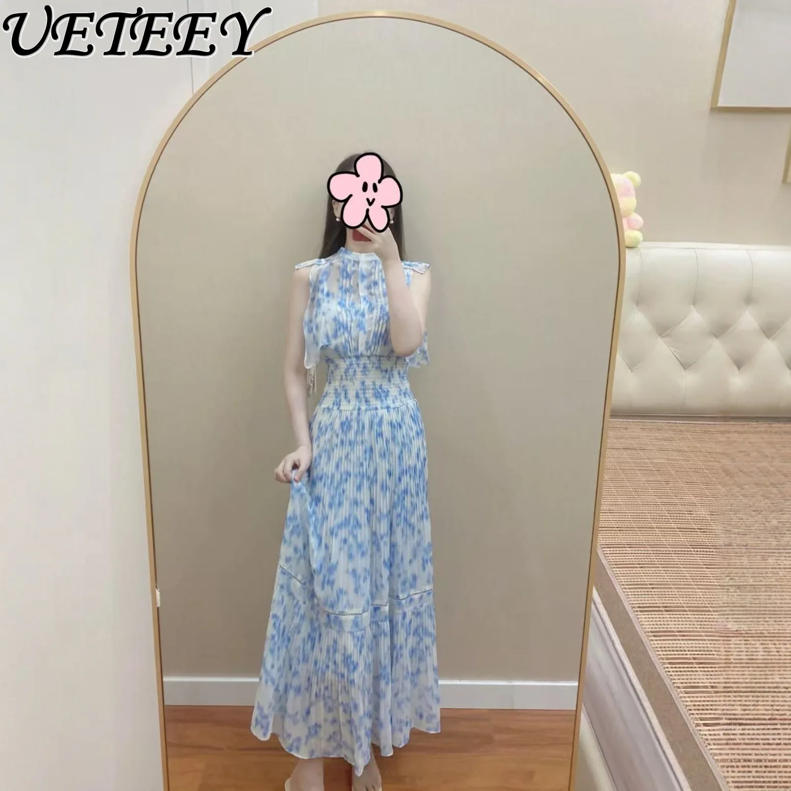 Estilo japonés novedad de verano pequeño claro dulce pequeño manga aleteo cintura estampada plisado vestido de gasa cintura alta vestido largo ajustado