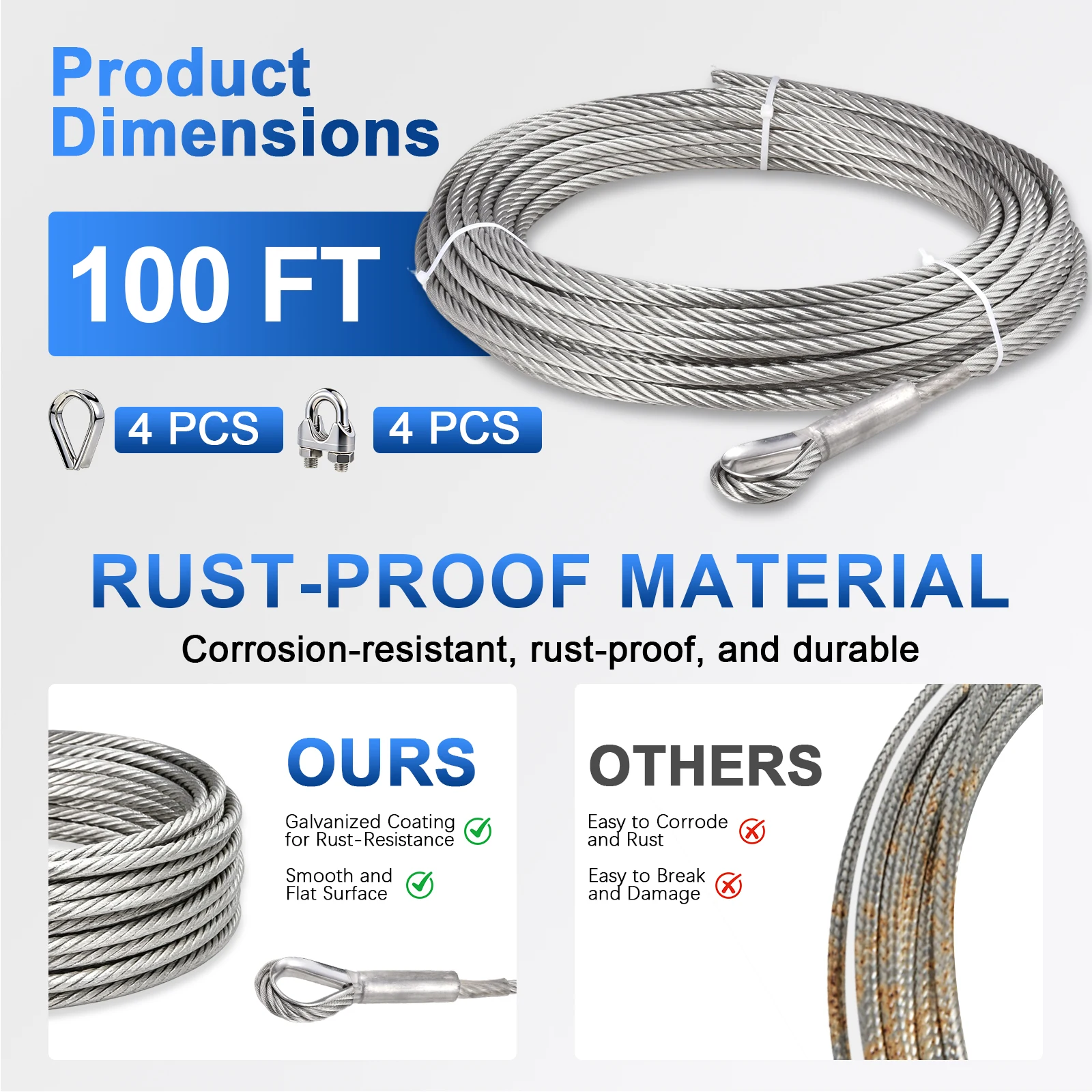 3/8 Inch Stainless Steel Cable 100 Ft, 7x19 Strands Aircraft Wire Rope, 12000 Lbs Breaking Strength Heavy Duty Winch Cable, Include M10 Stainless Steel Clips and Thimbles for Dock Boat Lift, Deck Railing, Marine Rigging, Outdoor Construction