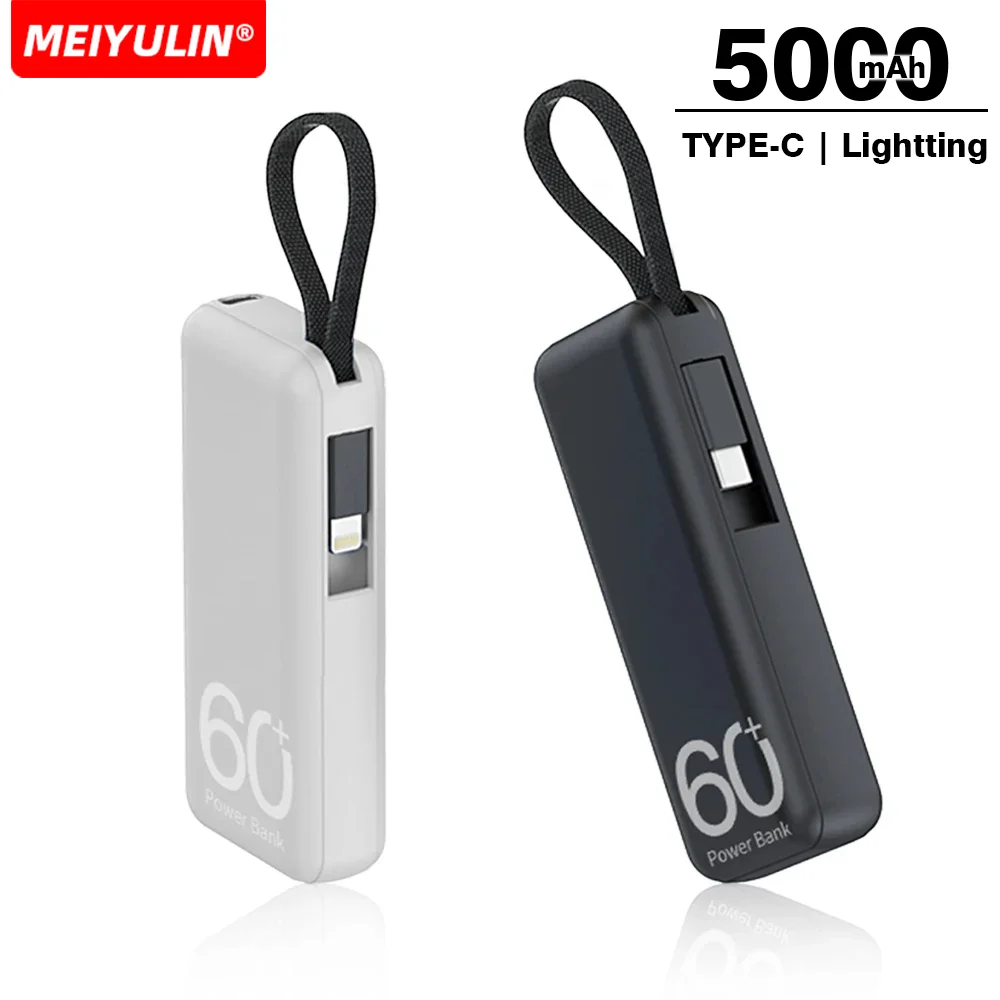 Portable 5000mAh Mini Power Bank External Spare Battery Fast Charger Build-in Cable Small Powerbank For iPhone Samsung Xiaomi