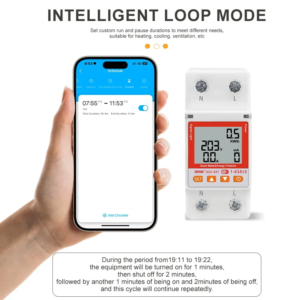 DIYGO Tuya WiFi Smart Leitungsschutzschalter 63A Energiemesser mit Spannungs-, Strom- und Leckageschutz, Timer-Relais-Schalter, Fernsteuerung – Detail 10