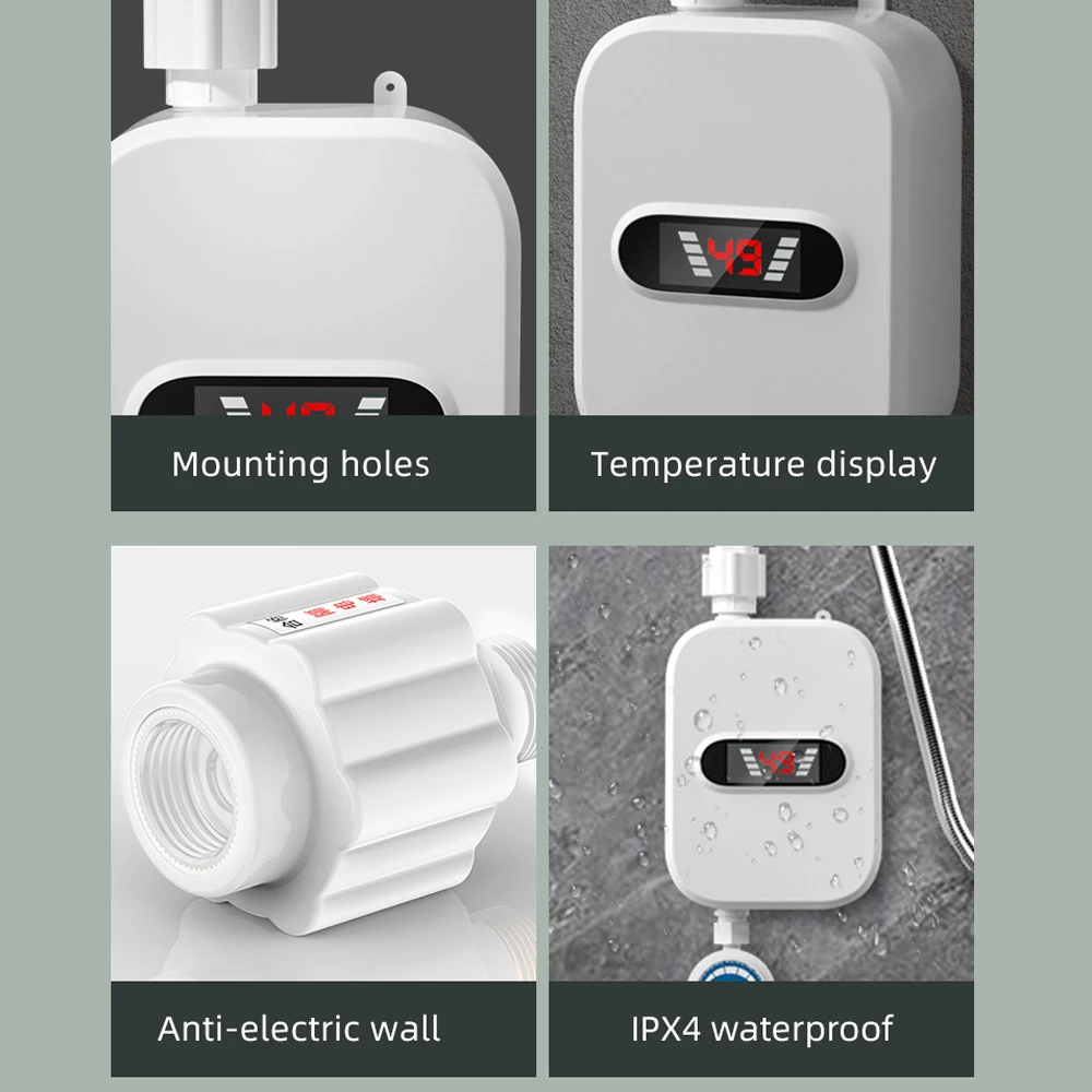 3500W Small Instant Electric Water Heater LCD Temperature Display IPX4 Quick Heating Shower Water Heating Device Set
