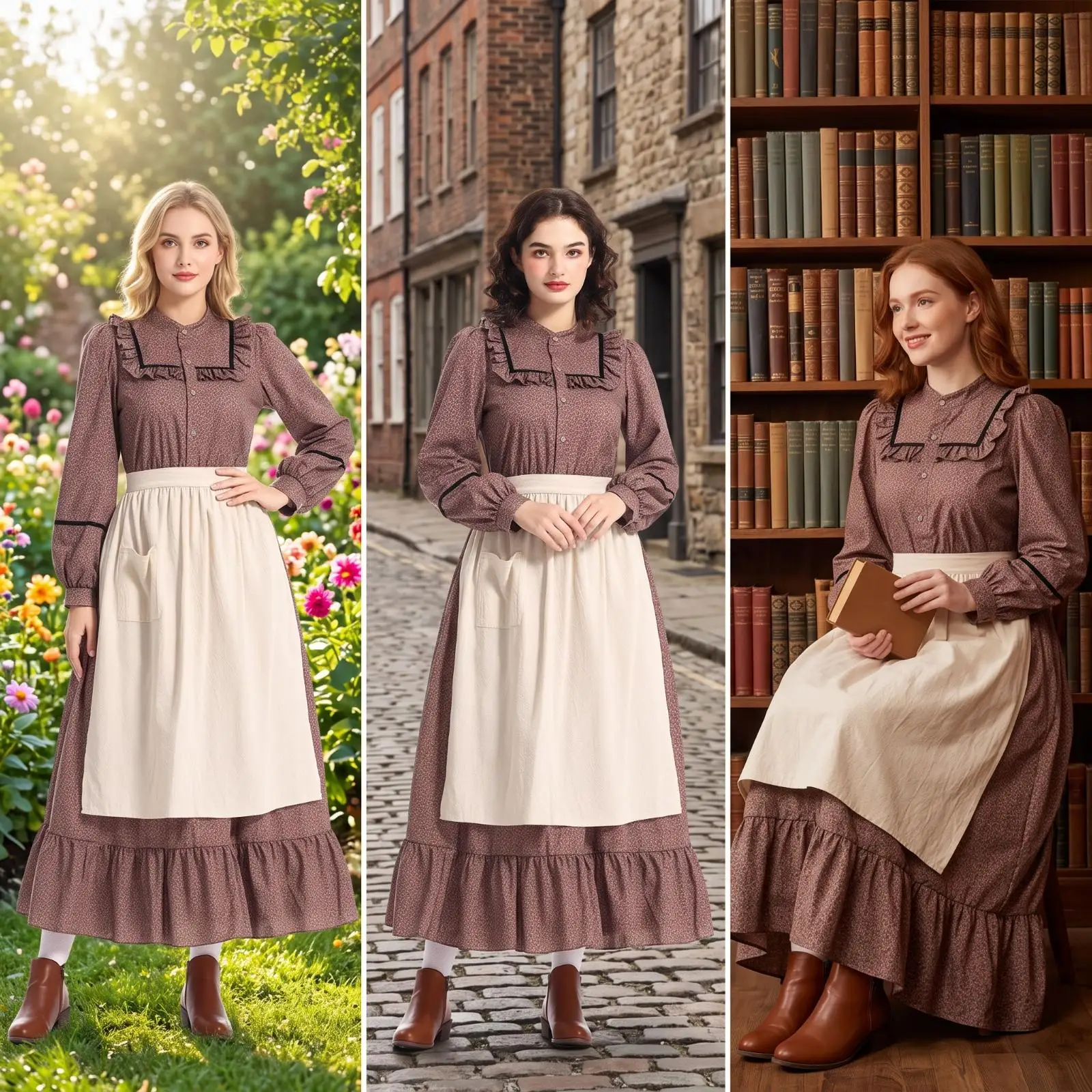 Floral Print Pioneer Dress with Apron Ruffled Colonial Dress Soft Clothing Not