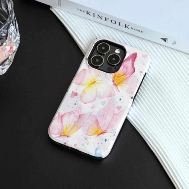 حافظة هاتف مغناطيسية لهاتف آيفون 17 16 15 14 13 12 11 16e Air PRO Plus غطاء مقاوم للصدمات على شكل فراشة وردية من الأكريليك الصلب #2