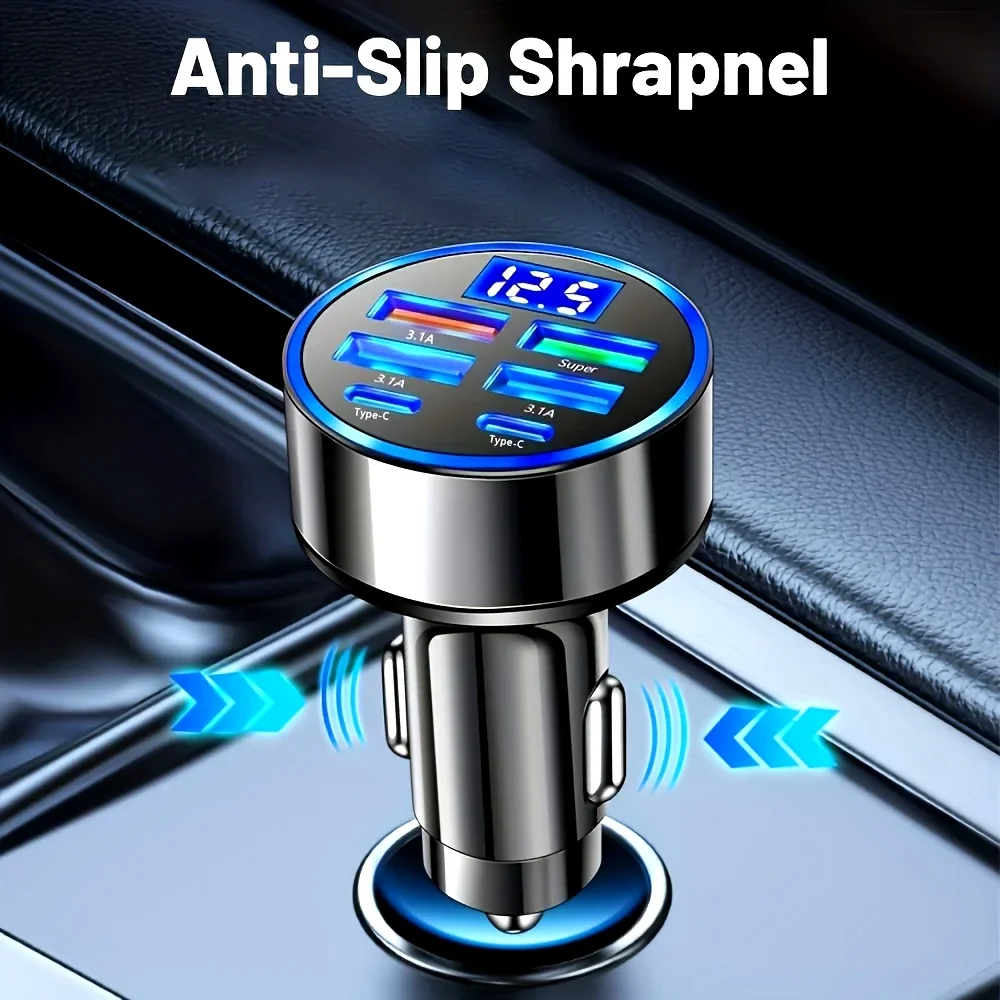 6-in-1 Fast Charging Car Adapter 3.1A Dual Type-C Digital Display Smartphones Tablets Power Banks Black Portable Charger