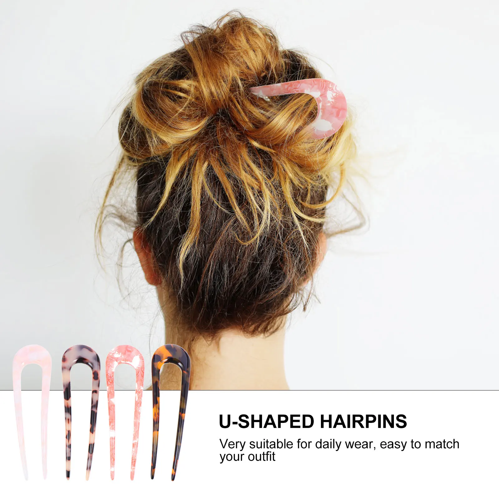 

4pcs Acetate Hairpin Thick Double Prong Bun Holder U-Shaped Hair Clip Retro Fashion Hair Accessories For Women Simple Elegant