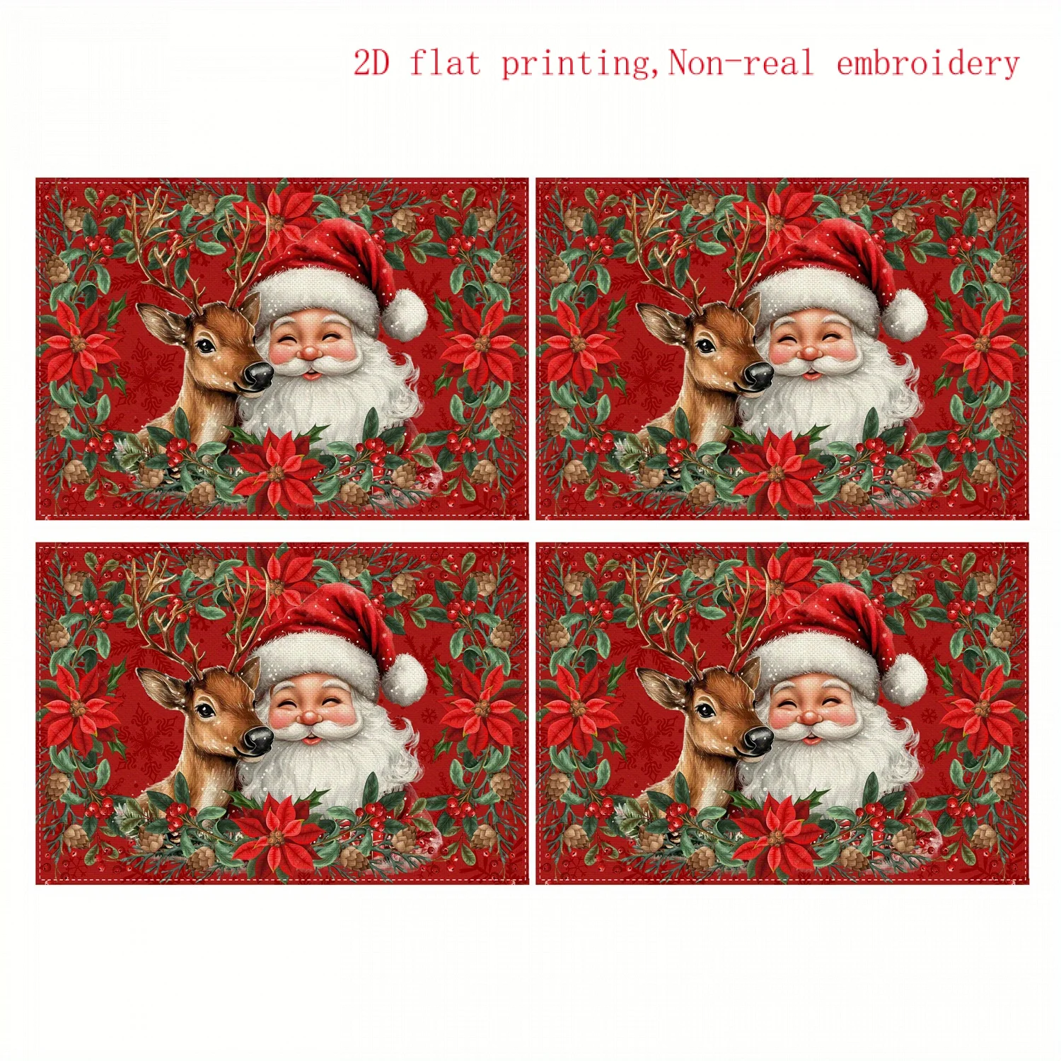 Festive Floral‑framed Santa Reindeer Graphic Table Place‑mats Vintage Holiday Feast Indoor Table Accessory