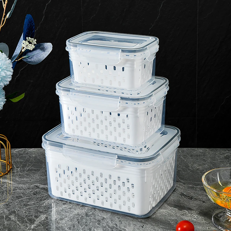 Juego de contenedores de almacenamiento de alimentos para nevera transparente con tapas con colador, cajas de almacenamiento de cocina, organizador de frutas y verduras