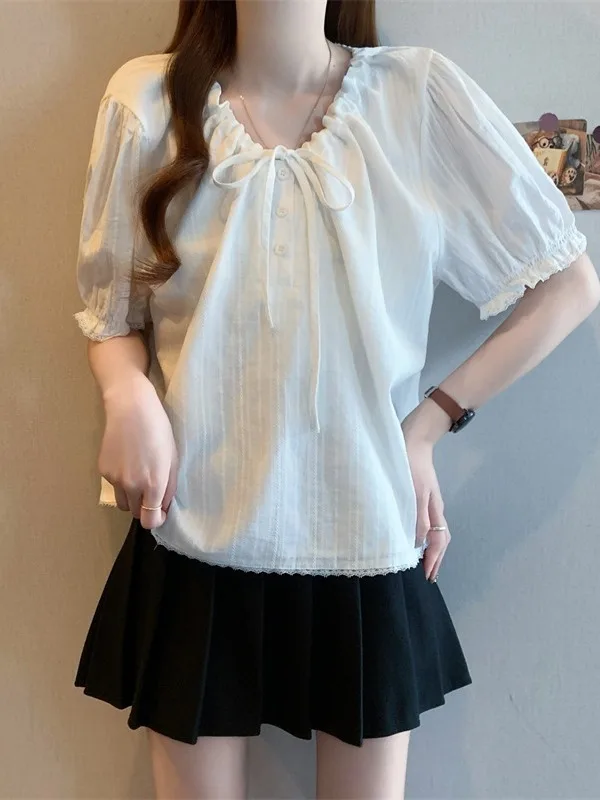 

plus Size V-Neck Short Sleeve Shirt Textured Loose Slimming Design Korean Style Commute Fashion Summer New Loose Fit Top