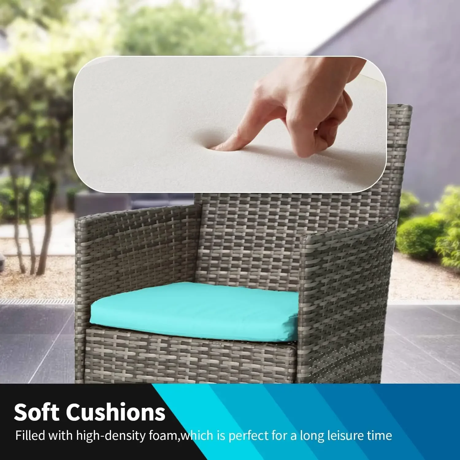 Bistro Conversation Set 2 Rattan Chairs with Blue Cushions and Glass Coffee Table for Porch Lawn Garden Balcony Backyard