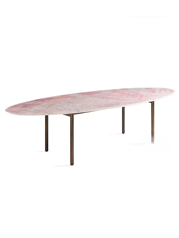 Light luxury pink jade marble dining table Italian luxury villa restaurant household oval dining table