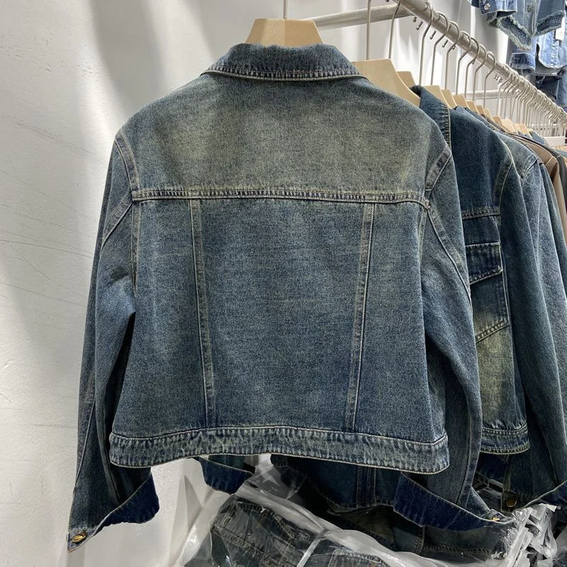Diamonds Denim Jacket Women Exposed Navel Short Coat Spring Autumn Streetwear High-waisted Loose Tops Lady Casual Jean Jackets