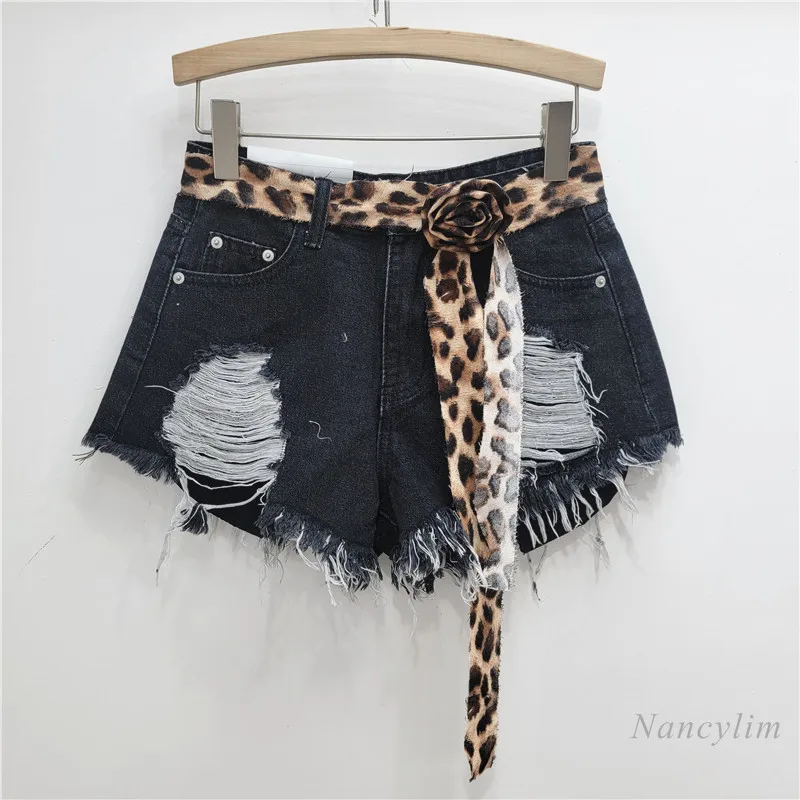 Spice Girl Denim Shorts Leopard Print Lace-up Waist Lretro Irregular Holes Fringed Hot Pants Shorts for Women 2024