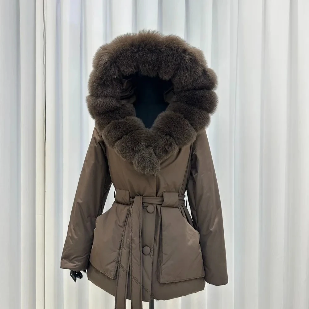 Ladies Winter Natural Fur Coat Hooded Style Plush Fox Fur Outerwear Warm Fit for Daily Travel Sophisticated for Cold Weather