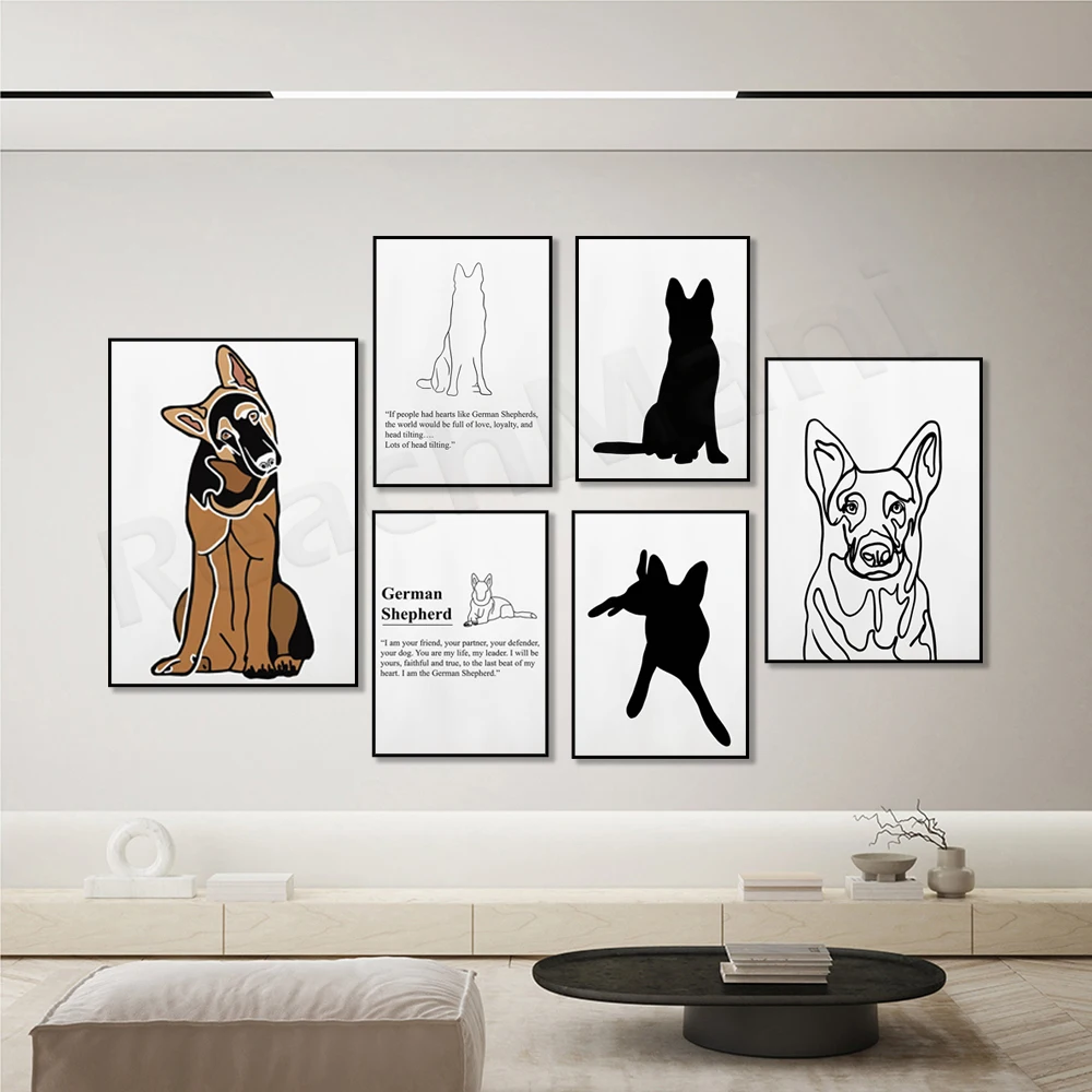 German shepherd, silhouette, german shepherd line art poster nordic scandinavian pole canvas decoration, german shepherd mom gif