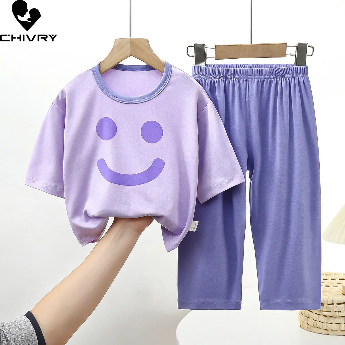 Kids Summer Thin Silky Pajamas Sets New Boys Girls Cartoon Smile Three-quarter Sleeve O-neck T Shirt with Pants Baby Homewear