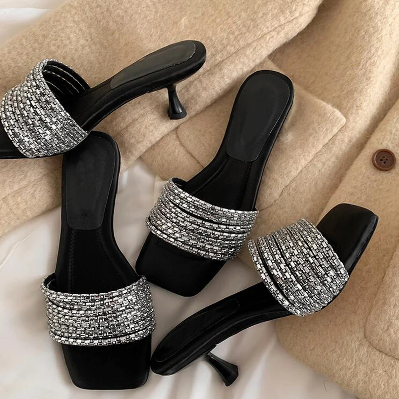 Luxury Design Shiny Crystal Women Slippers Flats Shoes Outdoor Wear Open Toe  Thin High Heel Slides Glitter Flip Flops Females