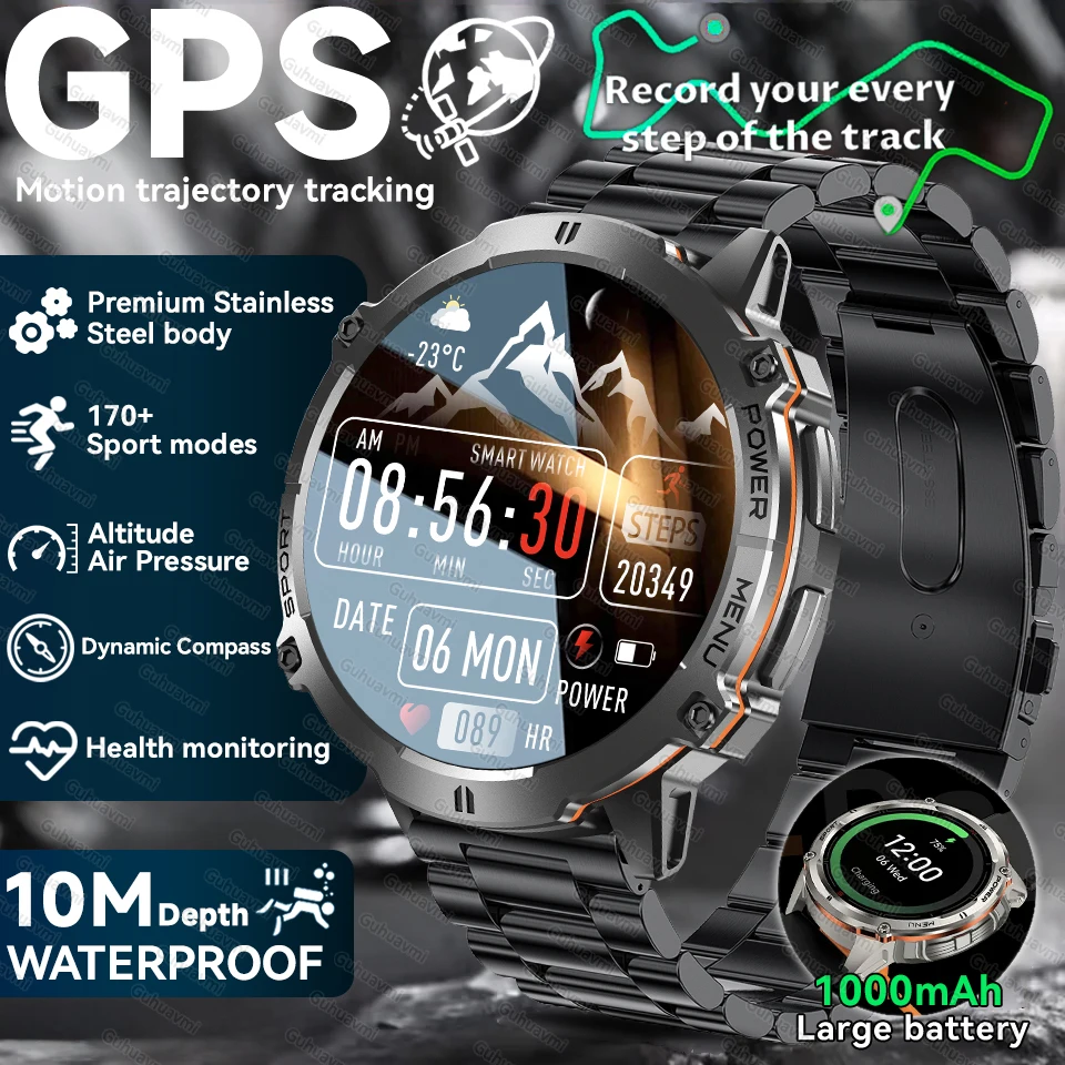 New GUHUAVMI TANK X3 GPS tracking Military Smart Watch 44mm 1ATM Water-Resistant 1000mAh Battery Compass Altimeter Smartbracelet