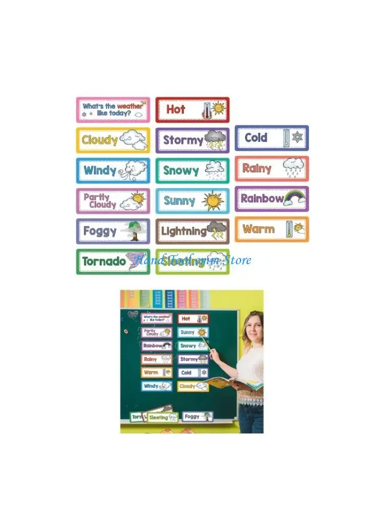 

H37F 16Sheet Weather Flashcards Toddler Early Learning Word Card 10.5x3.5Inch Weather Teaching Flashcards For Kindergarten