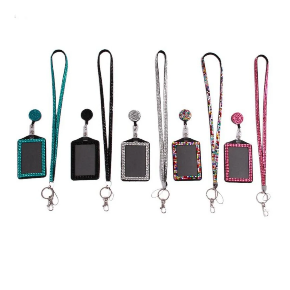 

Stainless Steel Diamond-Studded Business Card Holder Lanyard Badge Case Travel ID Front Window Premium