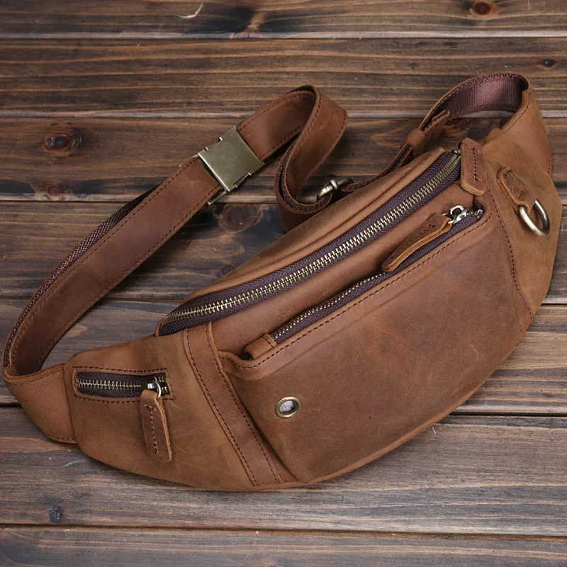 

Crazy Horse Leather Men Baotou Layer Cowhide Mobile Phone Fanny Pack Large Capacity Sports Diagonal Chest Men's Leather WT1179