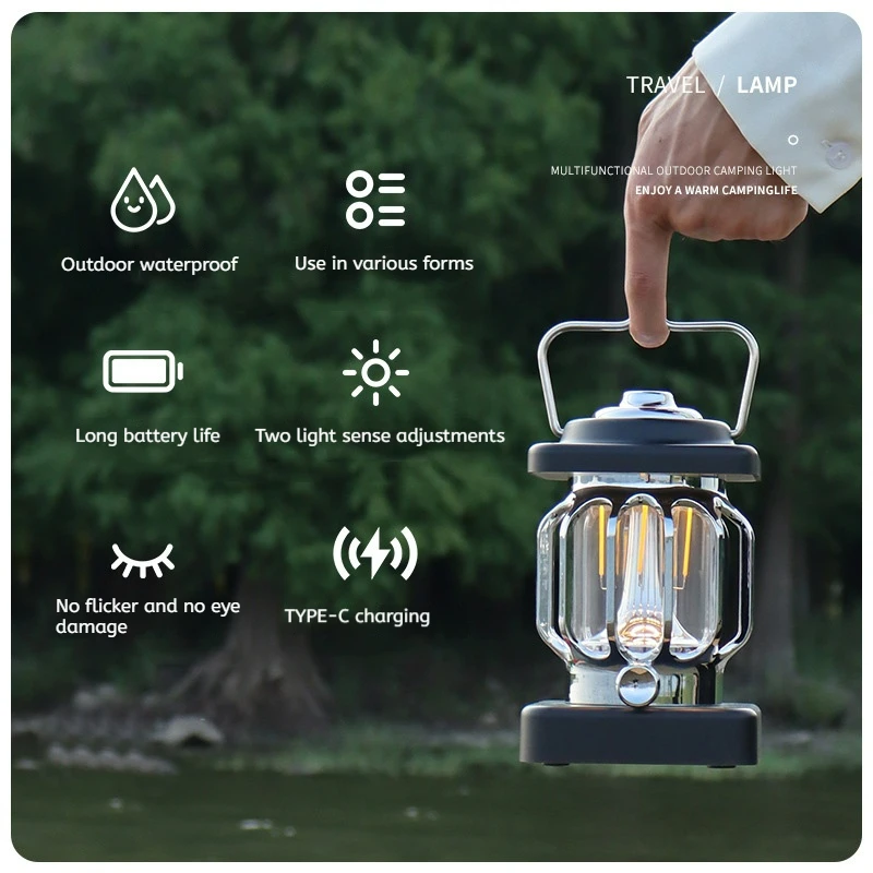 Retro Camping Light Outdoor Portable Waterproof Camping Light Super Long Battery Life Rechargeable LED Tent Light Hand Infinite