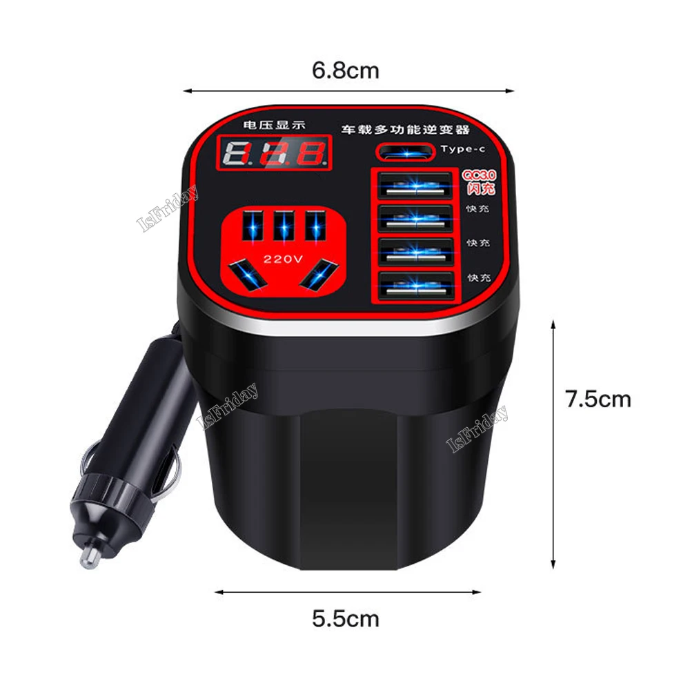 Car Power Inverter 24V 12v 220v 120W Led Display 3 Car Mounted Cup Type Inverter Converter QC Charger Pocket Inverter