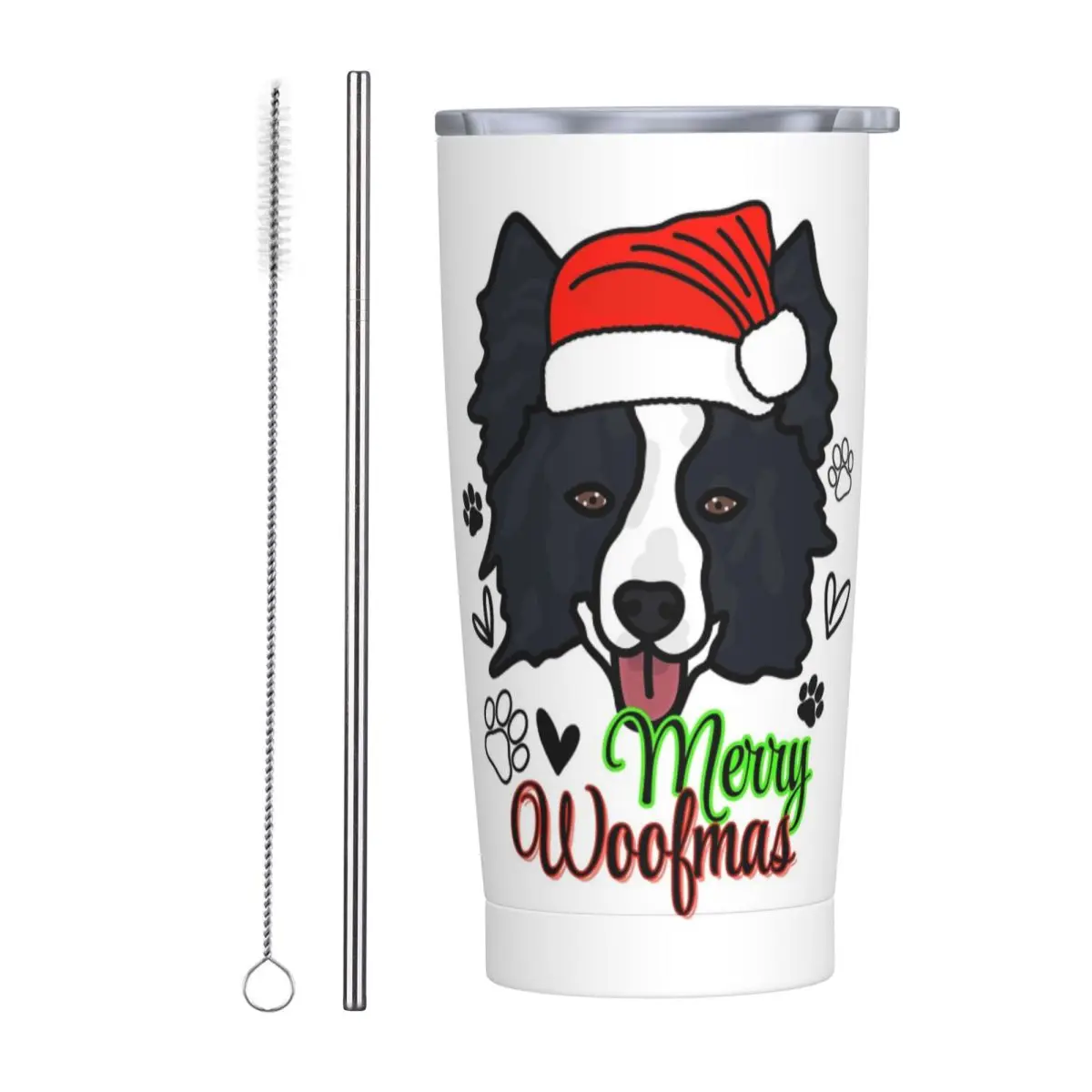 Collie Black Merry Woofmas Dog With Christmas Hat Stainless Steel Tumbler Insulated Mugs Thermal Cold Cups Straw With Lid 20oz