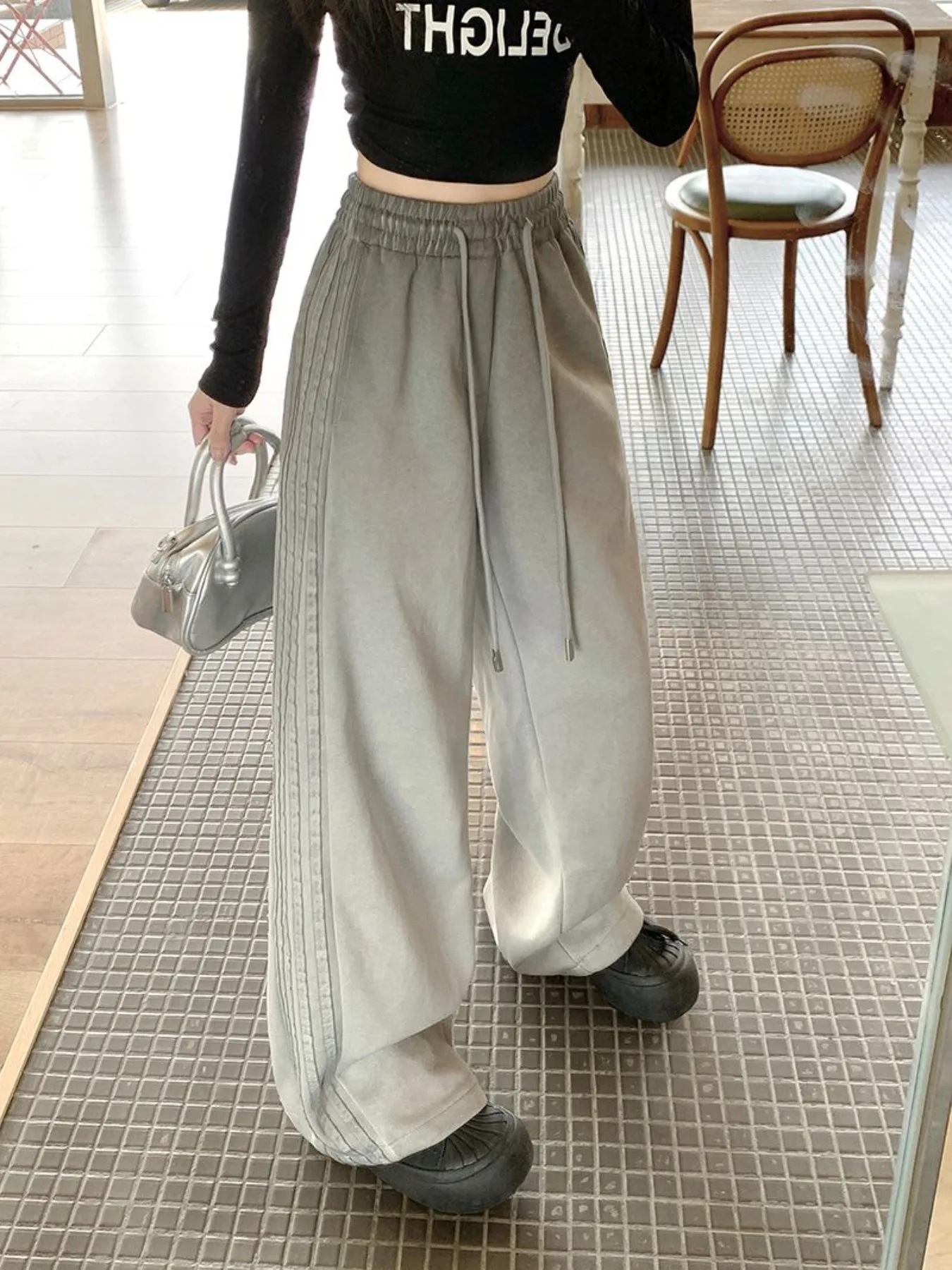 المرأة حجم كبير مخطط السراويل الطويلة الربيع/الخريف فضفاض الشارع الشهير واسعة الساق بنطلون موضة عادية Y2K مستقيم الساق السراويل #3