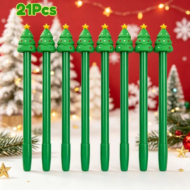 21pcs Back to School Season Stationery, Cute Christmas Tree Topper Writing Pen for Students, Green Slim Body Decorative Pen