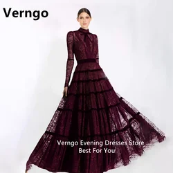 Verngo-vestido de fiesta de encaje rojo oscuro para mujer, cuello alto, una línea, vestidos de graduación, vestido Formal elegante, traje personalizado